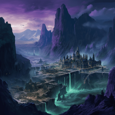 Fantastical dwarven city under obsidian mountains in purple and green