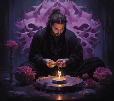 Dark mystical painting of Post Malone with a lotus flower