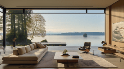 Serene minimalist living room overlooking tranquil lake with nature vibe