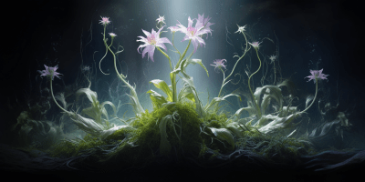 Fantasy luminescent herb with serrated leaves and fibrous roots