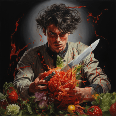 Angry young man cutting chillies with knife in surreal 80s rock vibe