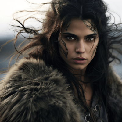 Fierce untamed woman with wild hair and piercing golden eyes