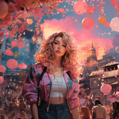 Magical Realism Style Barbie Doll with 80s City Synthwave Background