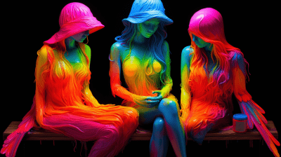 Fashionable black velvet plasticine girls with neon glow on fluorescent background