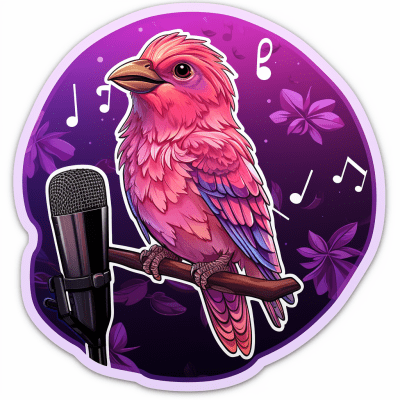 Cartoon purple finch singing into a microphone with music notes