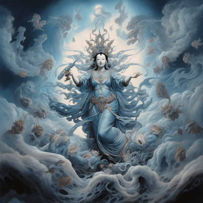 Avalokitesvara Bodhisattva among mountains and sea offering compassion
