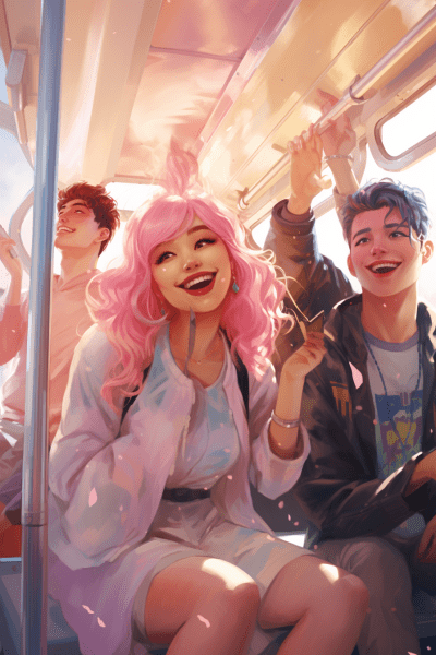 Cheerful Kpop group riding a tram in a shiny pastel-colored illustration