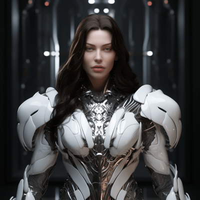 Female human-alien hybrid in white bone armor with weapons