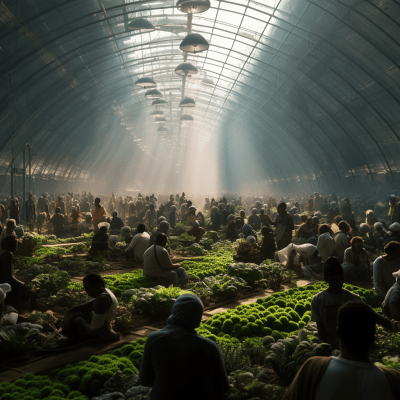 Futuristic solarium scene with numerous black farm workers gardening