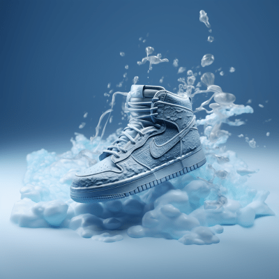 Nike shoes with ice theme and smoke effect against snowy backdrop