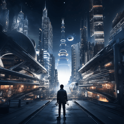 Futuristic urban cityscape in sci-fi genre with daytime lighting