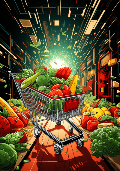 Futuristic Green and Red Shopping Cart in a Vibrant Comic Book Style