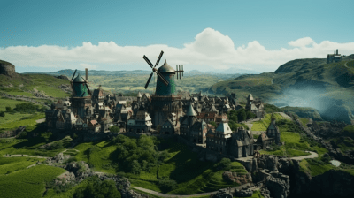 Aerial shot of steampunk village with windmills in a green valley