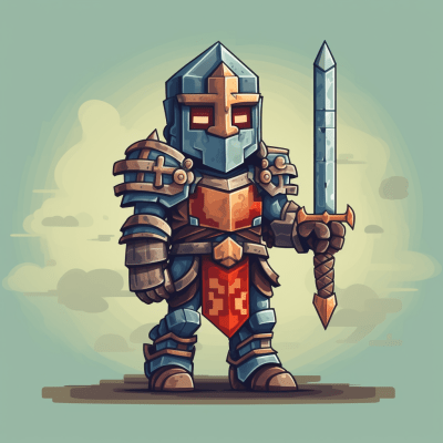 Pixelated medieval knight in battle stance from a video game