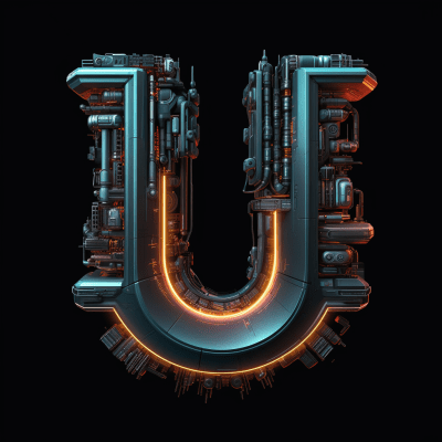 Stylized cyberpunk letter U against a black background with a cool vibe