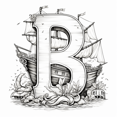 Black and white drawing of letter B with a ship wrapped around it