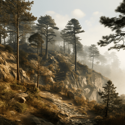 Serene misty pine mountain slope in ethereal atmosphere