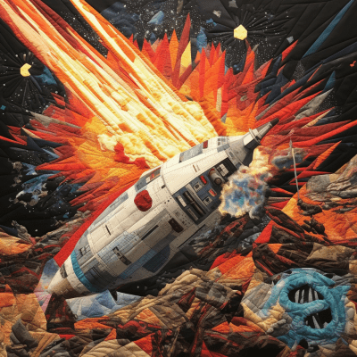 Retro spaceships collision and explosion in a quilt art space scene