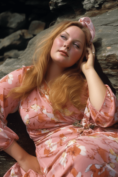Powerful plus-size woman standing on shore with a vintage 1970s vibe