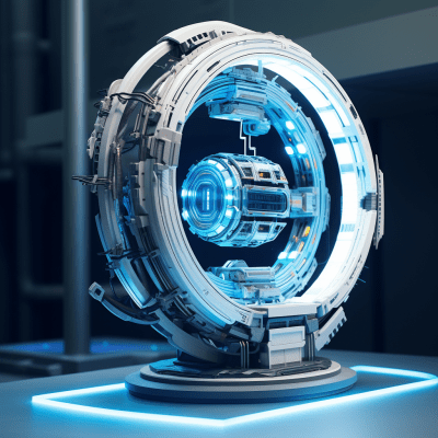 Futuristic sculpture with halo design and dramatic lighting