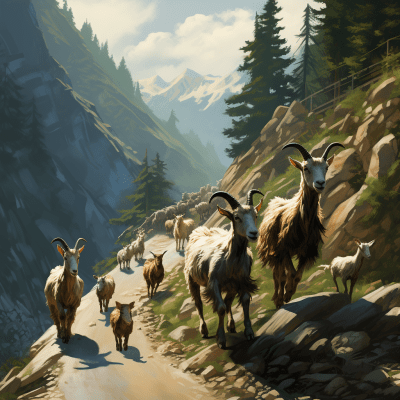 Photorealistic image of goats climbing a mountain in search of immortal grass