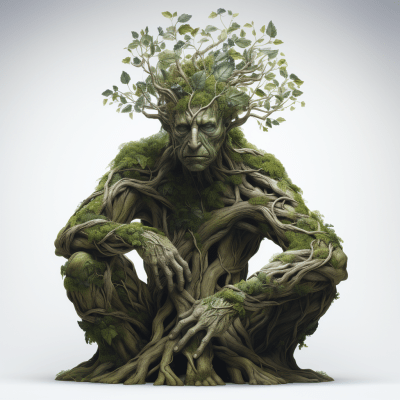 Realistic leafy green tree with a human-like shape bowing in respect