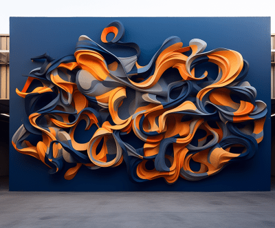 Vibrant 3D graffiti on building wall in royal blue and bright orange