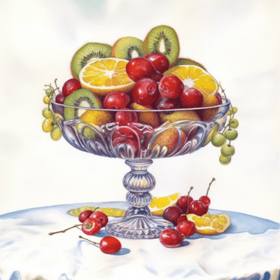 Elegant watercolor painting of a compote dish with assorted fruits