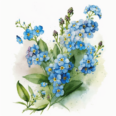 Close-up of vibrant watercolor forget-me-not flowers with delicate petals