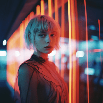 Futuristic portrait of hybrid future-human Amelia in neon colors