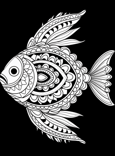 Black and white animal mandala with central fish design