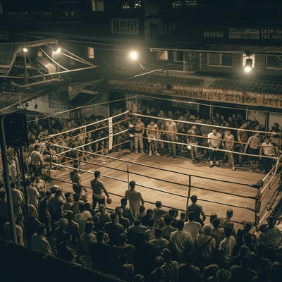 Energetic night cityscape with crowd around empty boxing ring