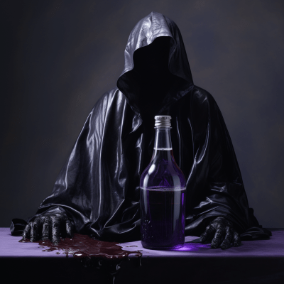 Ghostly figure in dark cape holding a bottle of purple liquid