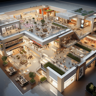 Modern spacious multi-level shopping center with convenient parking