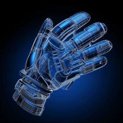 Technical wireframe drawing of cricket batting gloves with blue glow