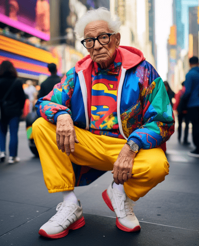 Elderly Man in 80s Hip-Hop Attire with Fantasy Times Square Backdrop