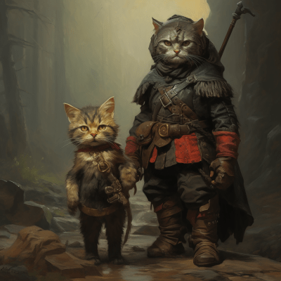 Oil painting of a dwarf and tabaxi in armor on a forest road