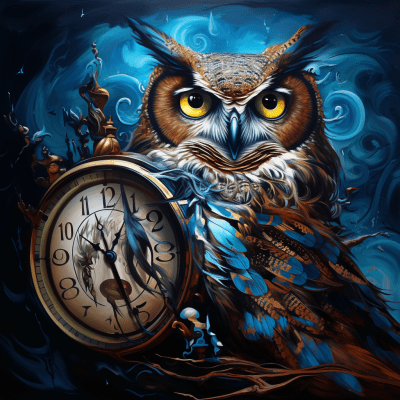 Surreal Salvador Dali style painting with owl on a distorted clock
