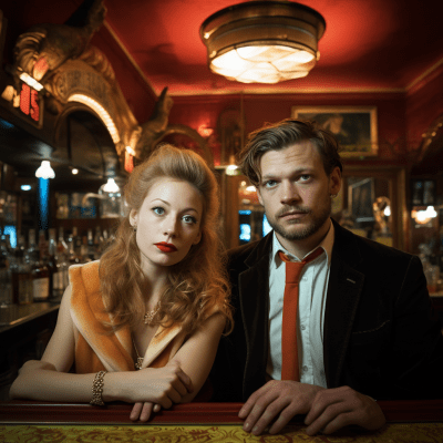 Young couple Lady Beautastia and Jerffoulke in a 1960s noir bar