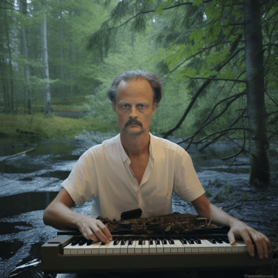 Man playing keyboard in forest amidst rainstorm with a high fashion vibe
