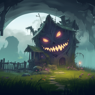 Cursed anthropomorphic house with evil grin in a dark city