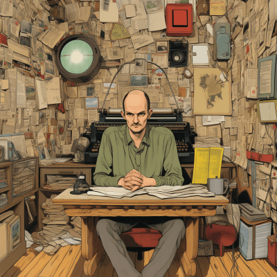 Whimsical portrait of Dischord Records founder Ian Mackaye