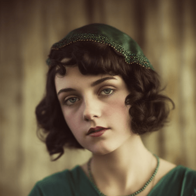 Hand-painted vintage 1920s flapper girl with black hair and green eyes