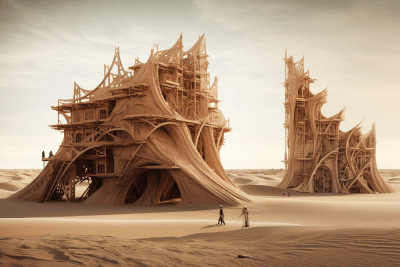 Surreal parametric timber construction on Mars with waterfalls