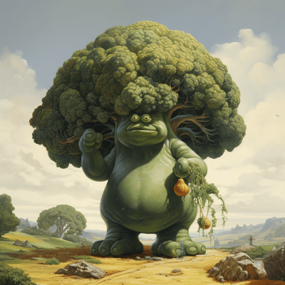 Artistic and colorful depiction of a plump broccoli with texture
