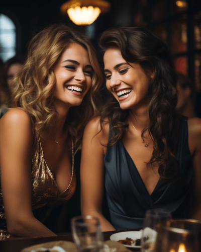 Close-up of laughing brunette and blonde women in French restaurant