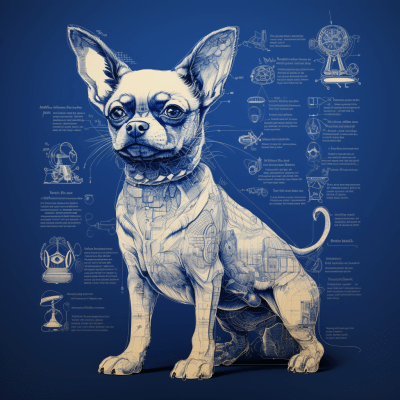 Blueprint style detailed illustration of a Chihuahua dog’s features