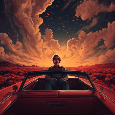Surreal red Cadillac ride through desert with overhead bats