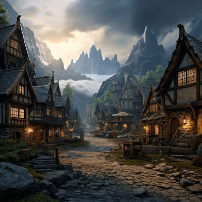 Digital illustration of a mystical dwarven town in a grimdark highland