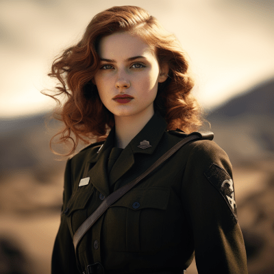 Young woman with blue eyes in WWII US military uniform on battlefield